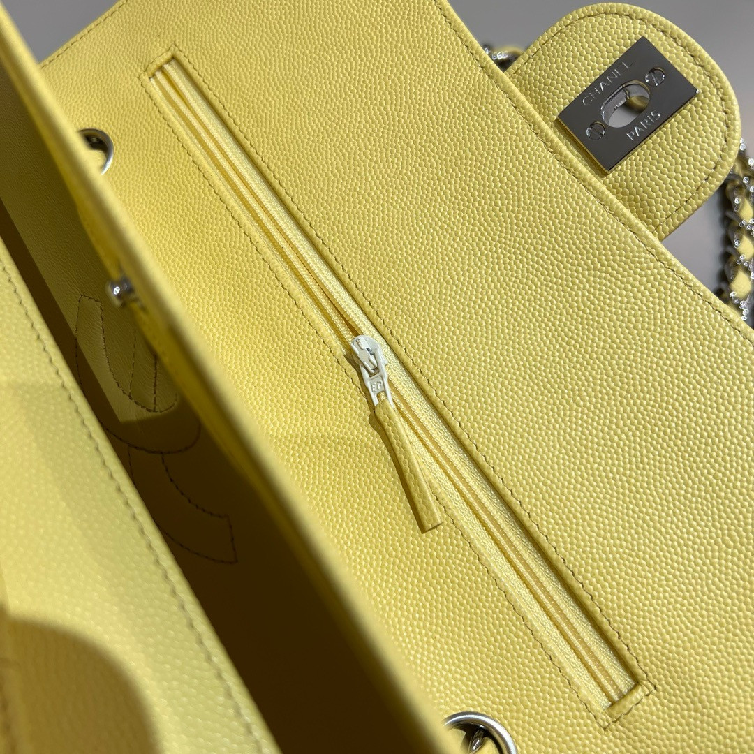 Ch*el classic handbag grained calfskin & silver - tone metal yellow 6×9.9×2.5in