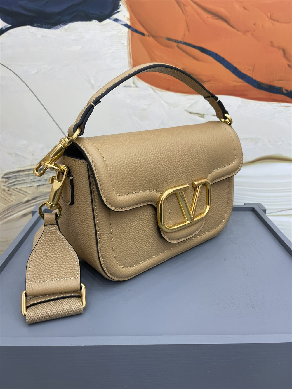VALENTINO GARAVANI ALLTIME GRAINY CALFSKIN SHOULDER BAG APRICOT