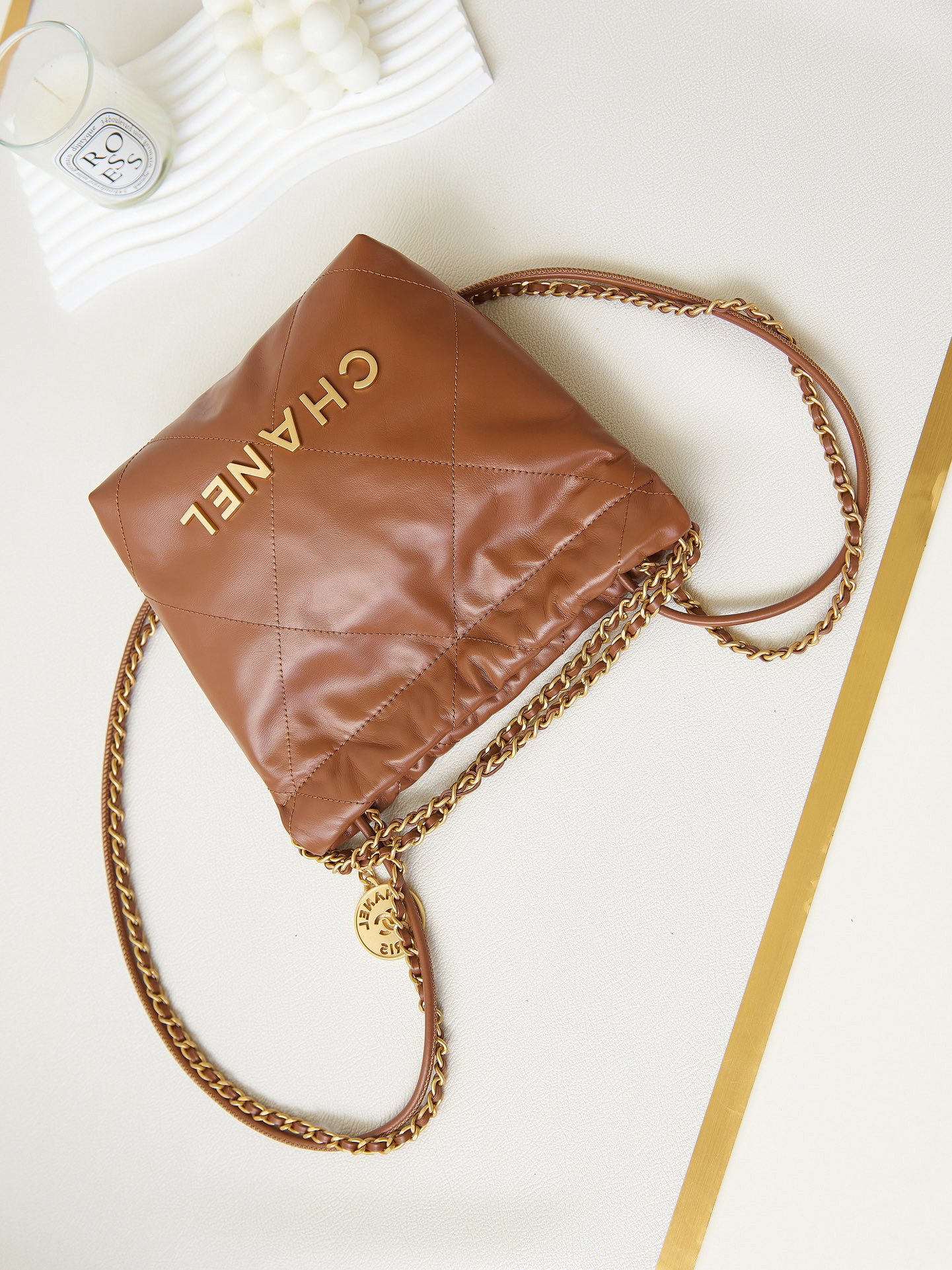 Ch*el 22 mini handbag shiny calfskin brown 7.8 × 7.4 × 2.3 in