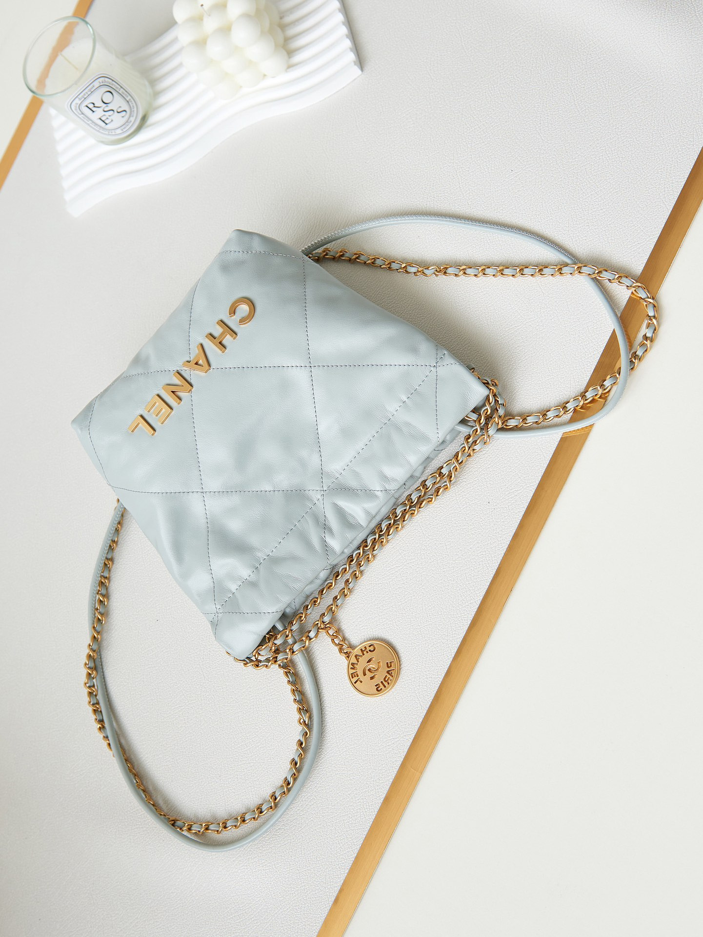 Ch*el 22 mini handbag shiny calfskin light blue 7.8 × 7.4 × 2.3 in