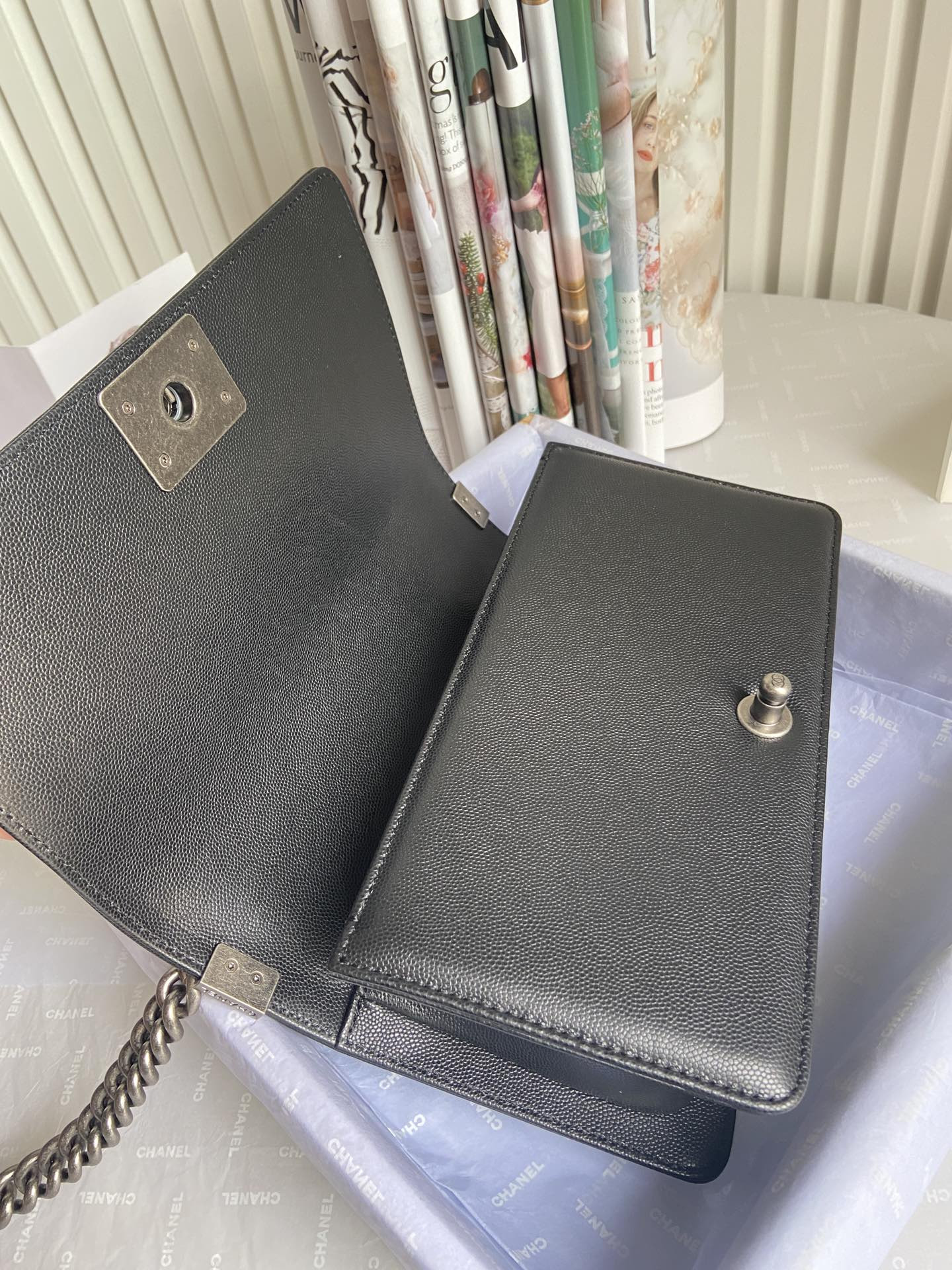 boy Ch*el handbag shiny grained calfskin 5.9 × 9.8 × 3.5 in