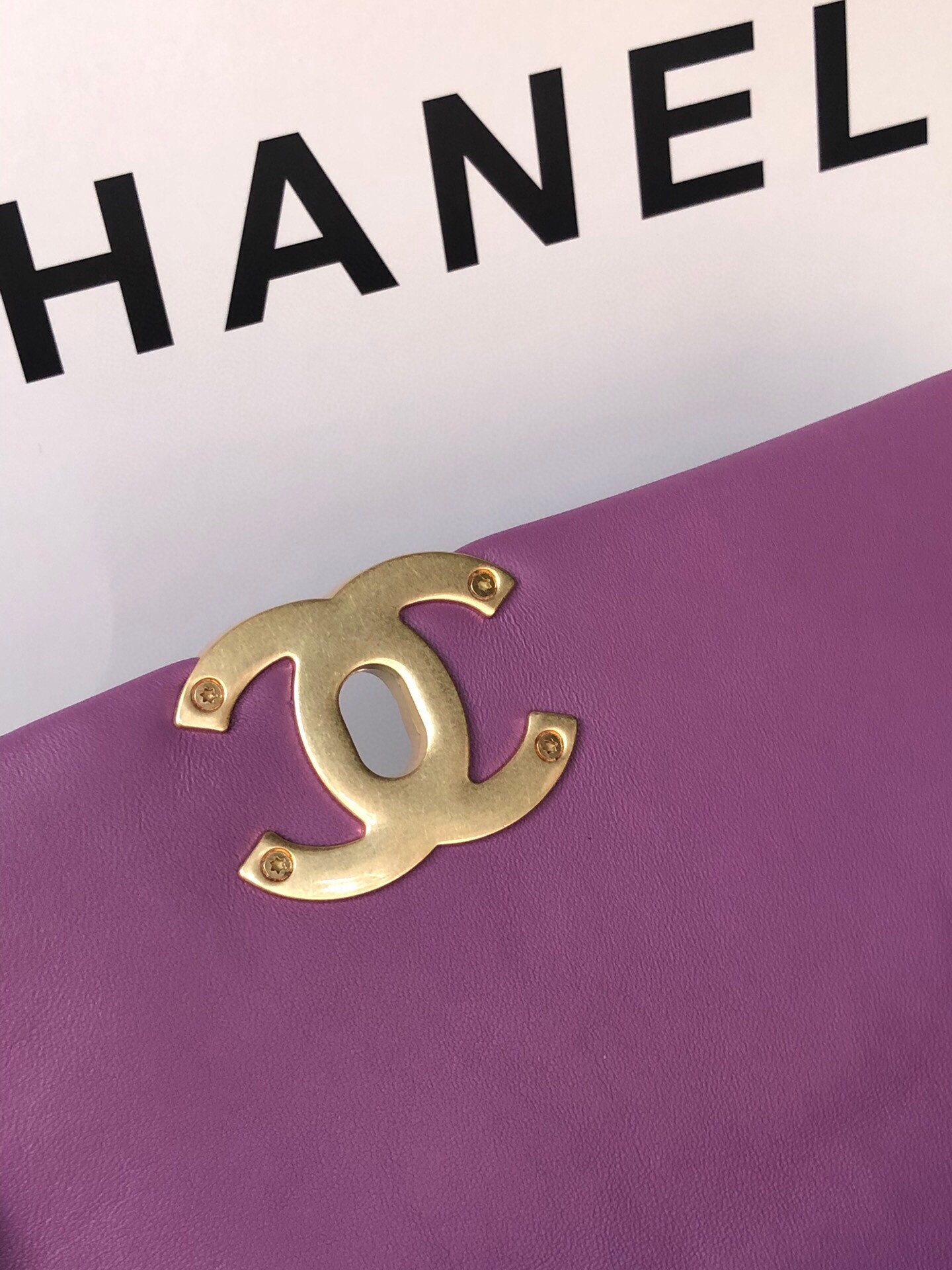 Ch*el 19 handbag shiny leather, gold-tone, silver-tone & ruthenium-finish metal purple 6.2 × 10.1 × 3.5 in