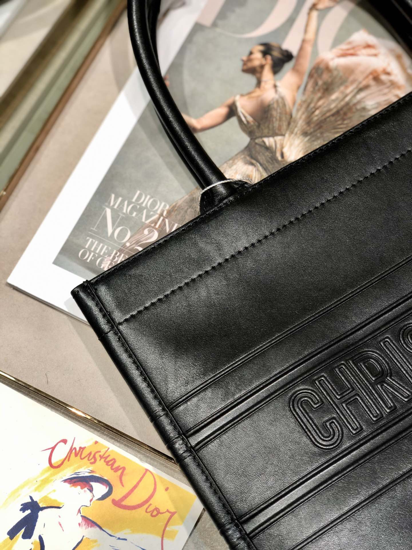 calfskin embossed medium D*or book tote black 14 x 11 x 6.5 inches