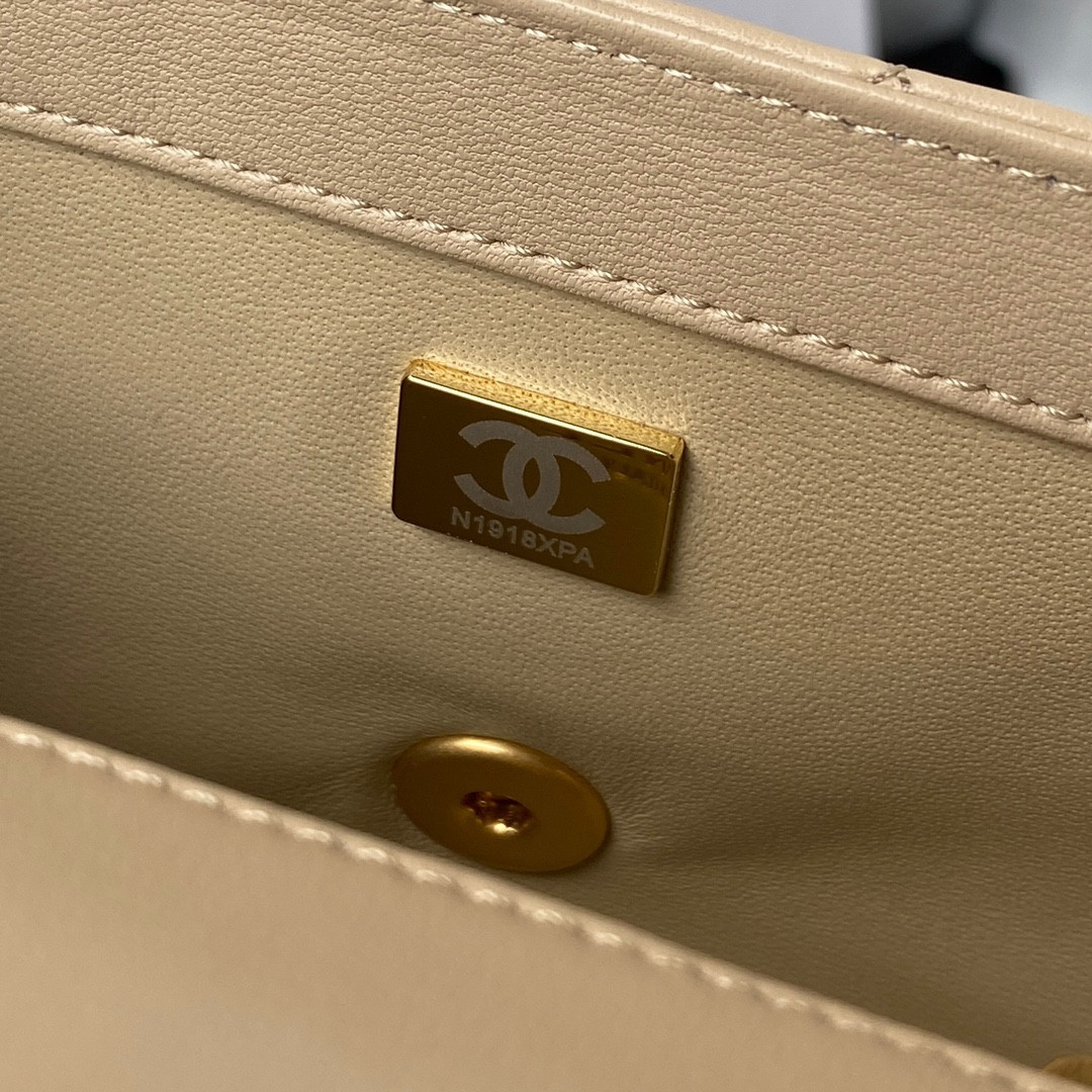 Ch*el mini flap bag shiny calfskin & gold-tone metal light beige 4.7 × 7.8 × 2.3 in