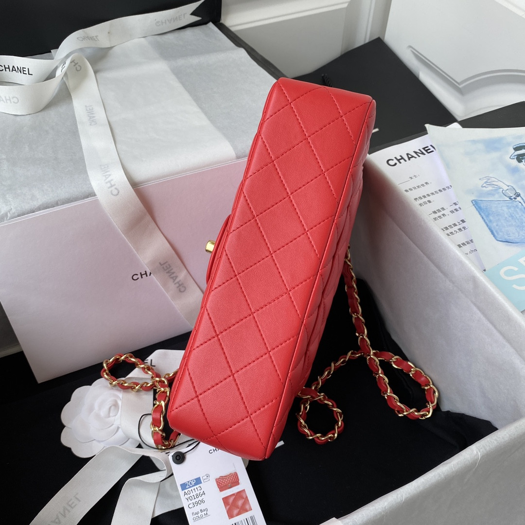 Ch*el small classic handbag lambskin & gold-tone metal red 5.7 × 9 × 2.3 in