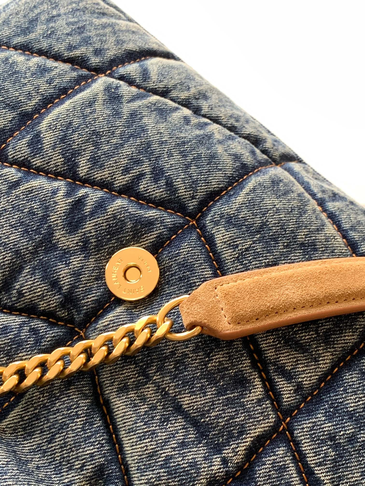 Y*L puffer small in suede and denim light blue 11.4 x 6.6 x 4.3 inches