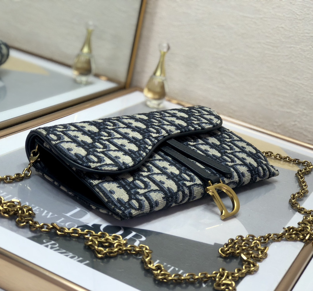 D*or saddle pouch with chain blue D*or oblique jacquard 8.5 x 5 x 1.5 inches