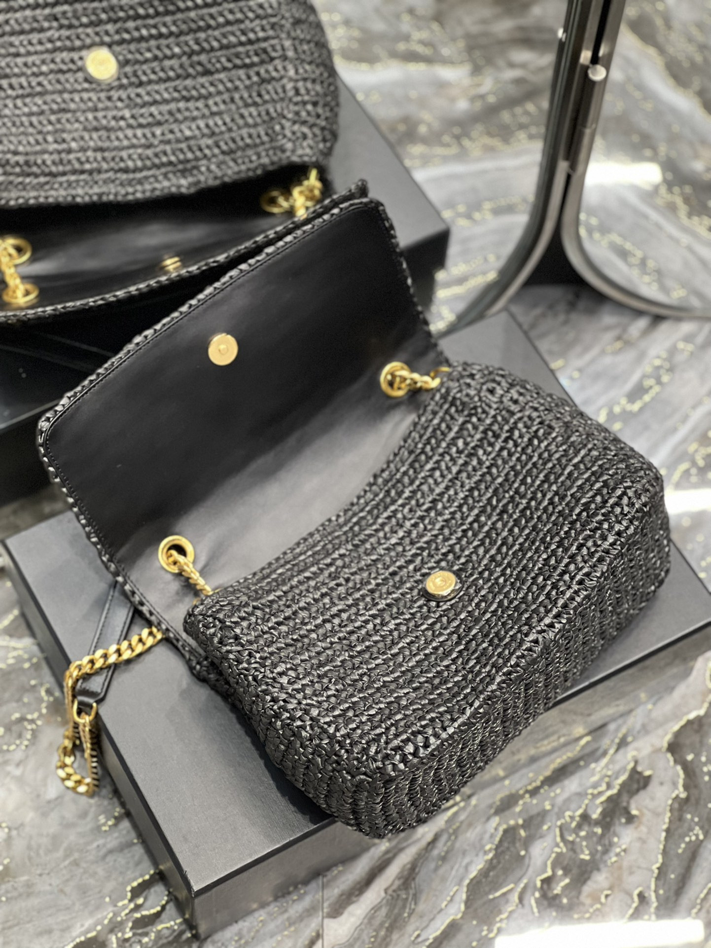 Y*L niki medium chain bag in raffia and leather black 11 x 7.8 x 3.3 inches