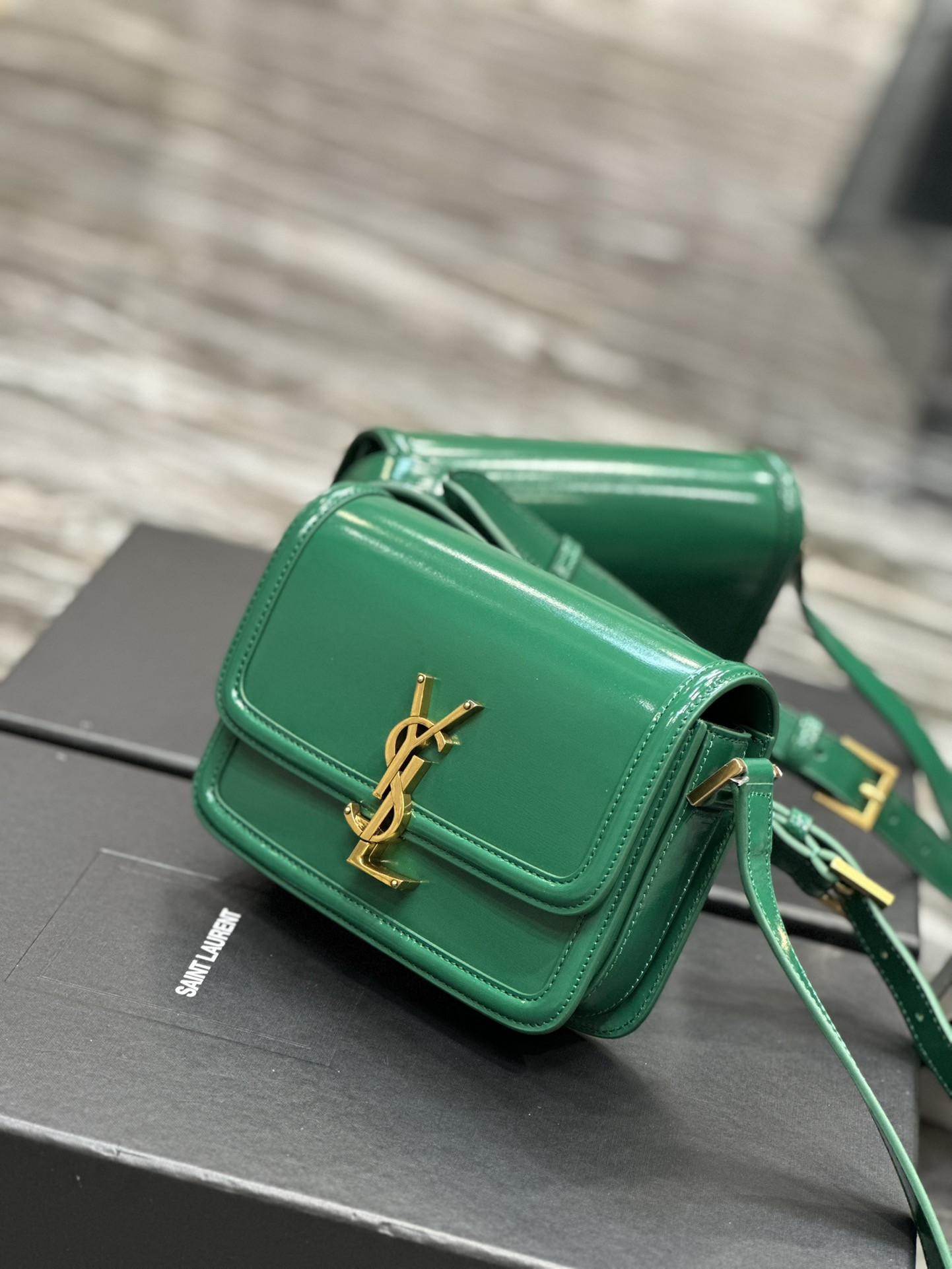 y*l solferino small satchel in box Sa**t Lau*nt green 7.4 x 5.1 x 1.9 inches