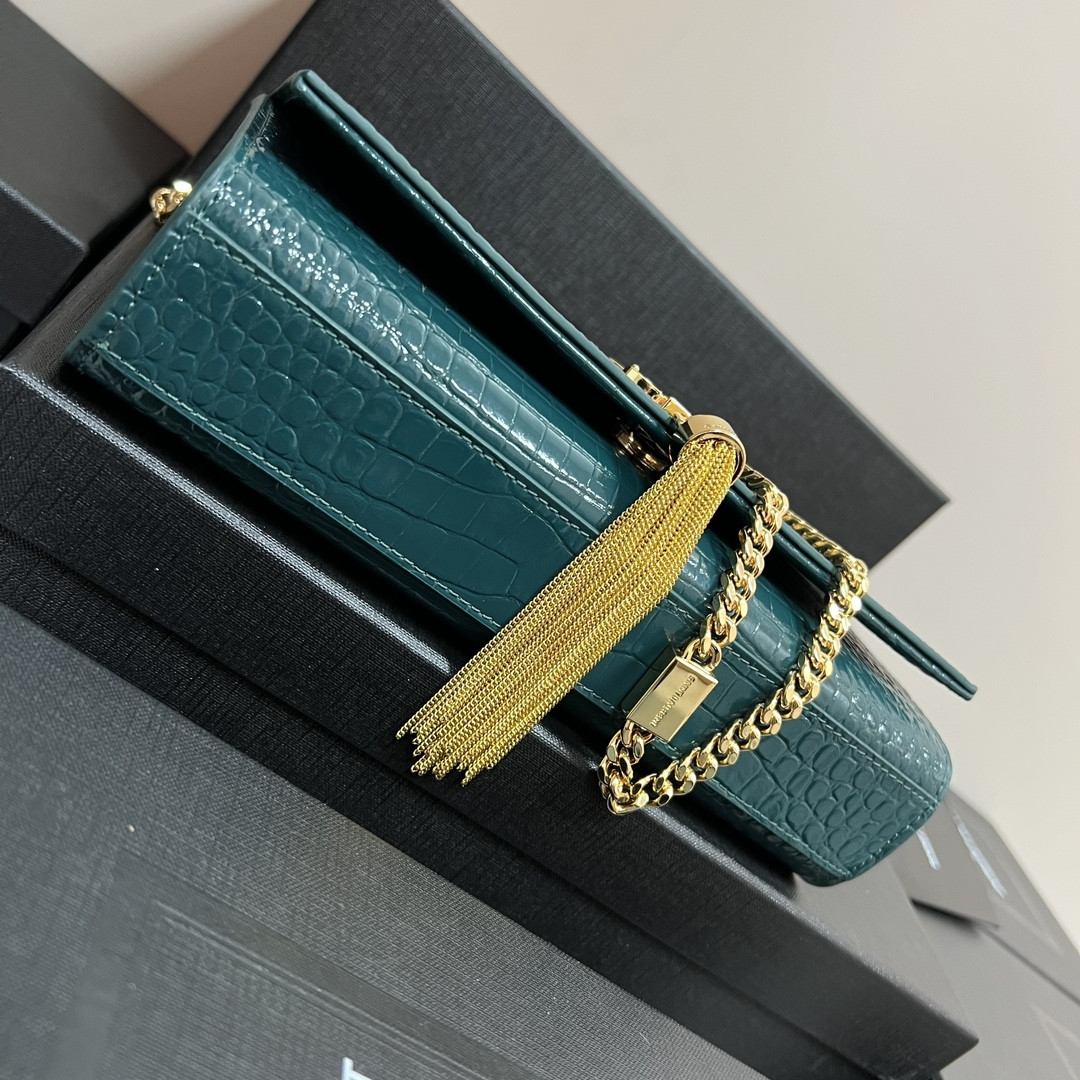 Y*L kate medium tassel in crocodile-embossed leather blue 9.4 x 5.7 x 2.1 inches