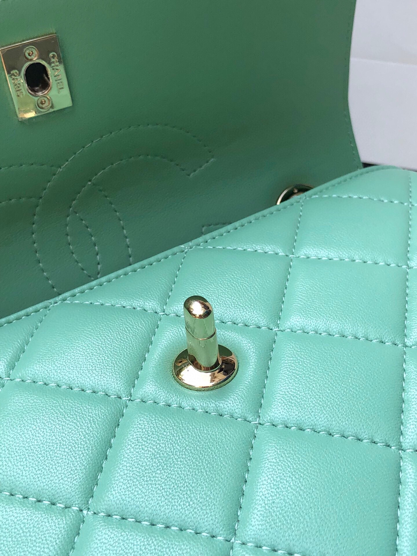 Ch*el flap bag with top handle 6.6 × 9.8 × 4.7 in